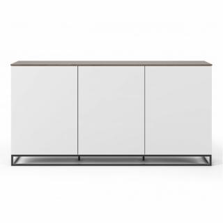 Buffet WHITY blanc mat 180cm 3 portes Plateau noyer piètement noir